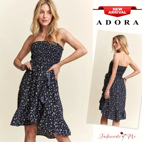 ADORA Dresses & Skirts - ADORA Smocked Floral Pattern Side Pockets High-Low Hem Tube Midi Dress | Navy